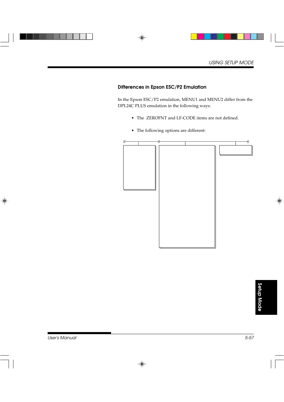 Setup mode using setup mode, Differences in epson esc/p2 emulation | FUJITSU DL3800 User Manual | Page 145 / 262