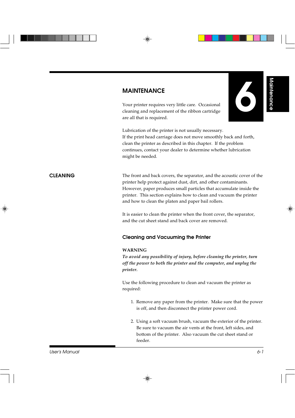 Chapter 6 maintenance, Cleaning, Cleaning and vacuuming the printer | FUJITSU DL3800 User Manual | Page 147 / 262