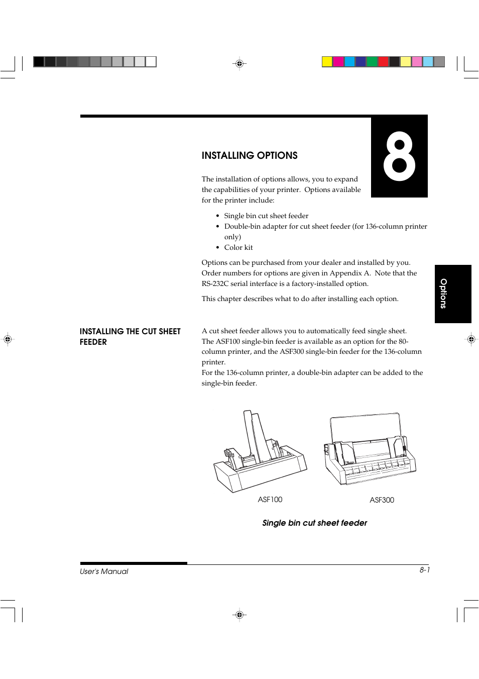 Chapter 8 installing options, Installing the cut sheet feeder | FUJITSU DL3800 User Manual | Page 167 / 262