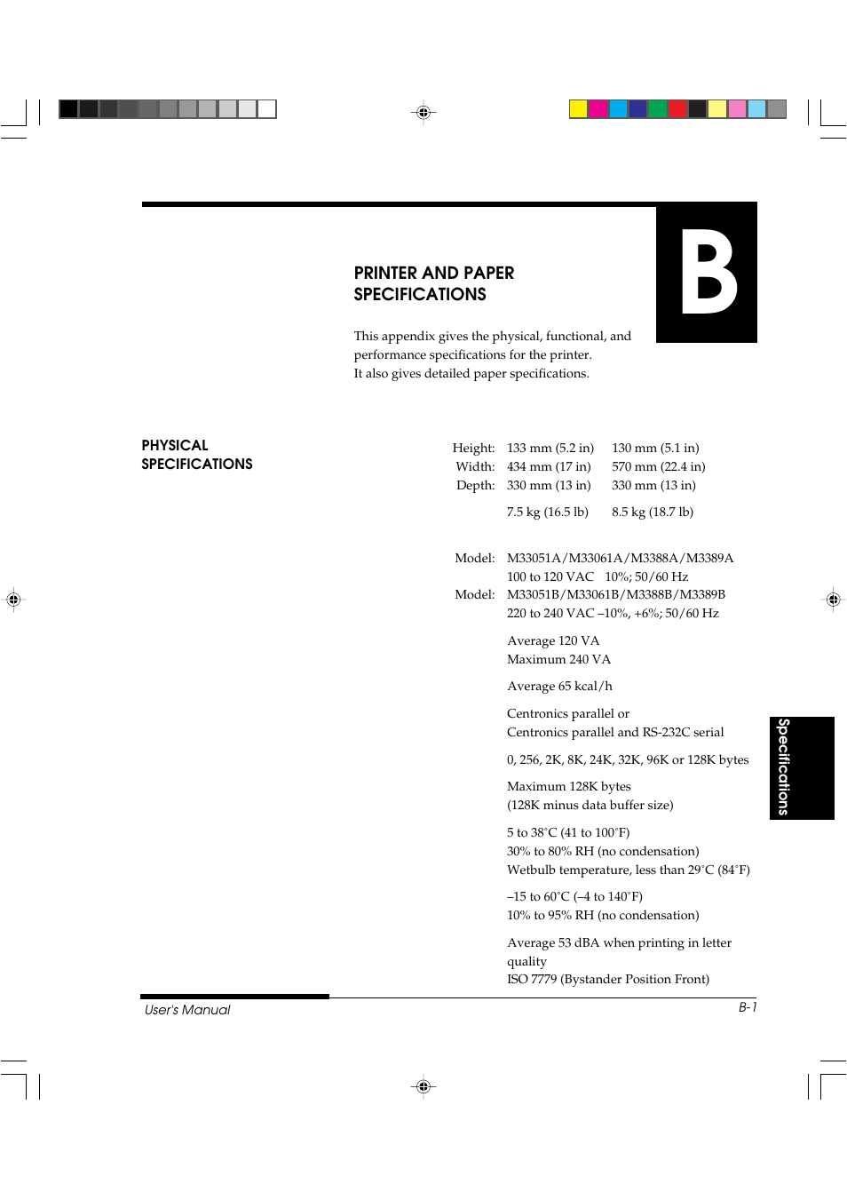 Appendix b printer and paper specifications, Physical specifications | FUJITSU DL3800 User Manual | Page 173 / 262