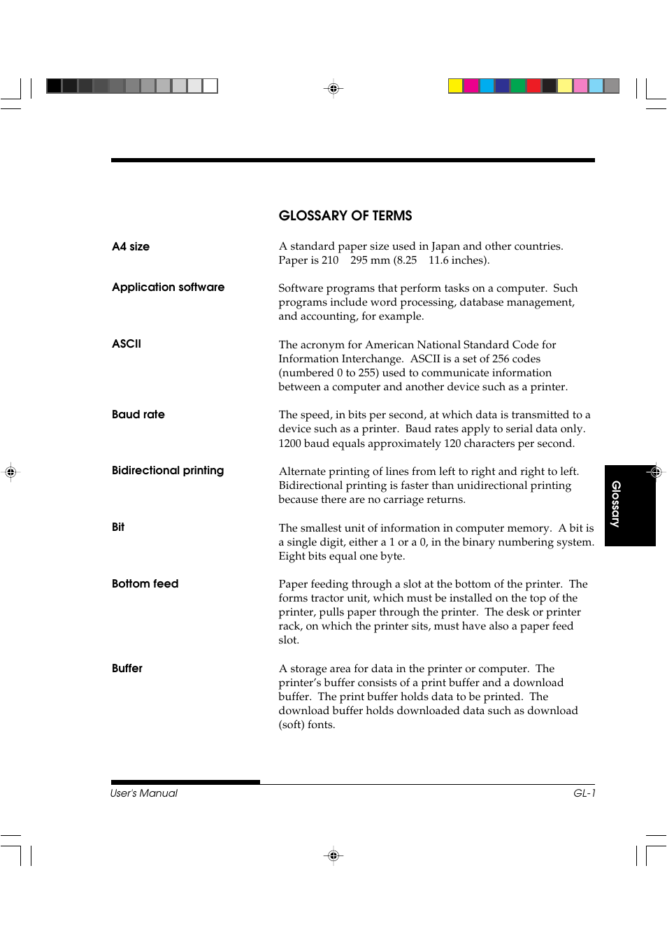 Glossary of terms, Gl–1 | FUJITSU DL3800 User Manual | Page 245 / 262