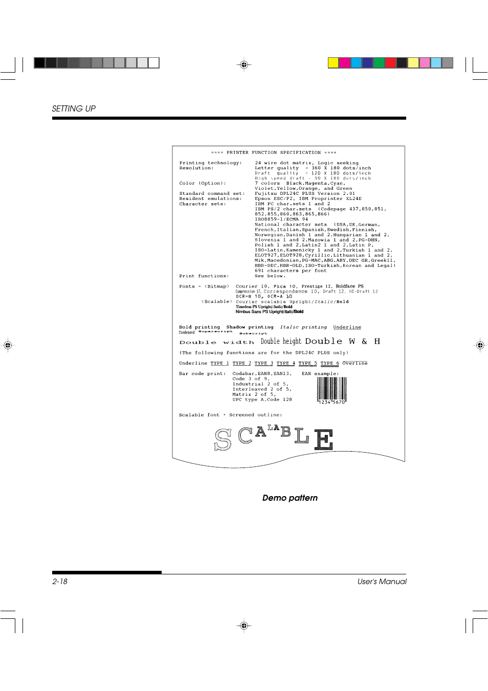 Setting up, Demo pattern | FUJITSU DL3800 User Manual | Page 40 / 262