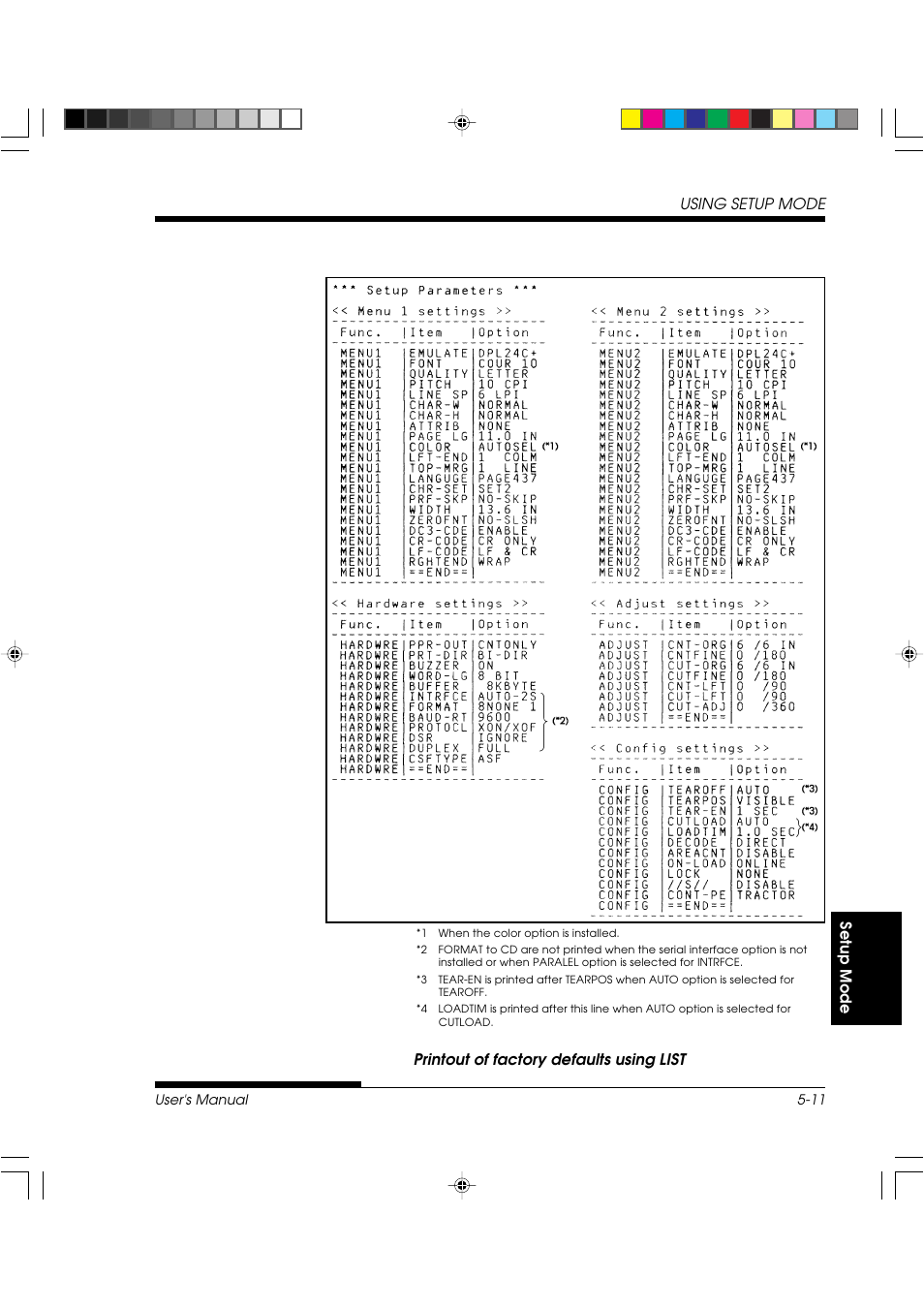 Setup mode using setup mode, Printout of factory defaults using list | FUJITSU DL3800 User Manual | Page 99 / 262