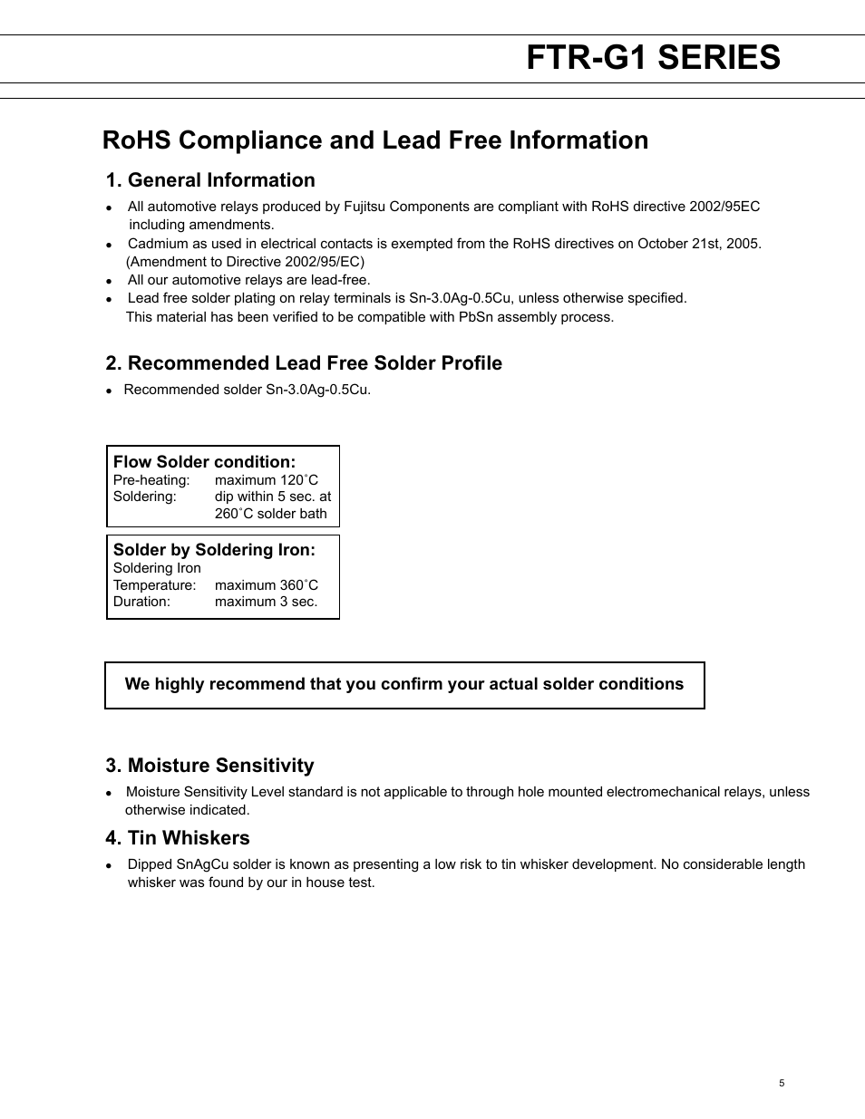 Ftr-g1 series, Ftr-k1 series, Rohs compliance and lead free information | General information, Recommended lead free solder profi le, Moisture sensitivity, Tin whiskers | FUJITSU FTR-G1 User Manual | Page 5 / 6