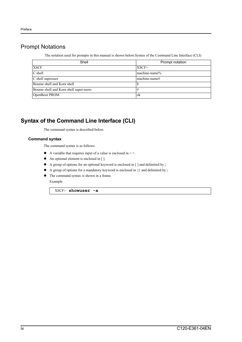 Prompt notations, Syntax of the command line interface (cli) | FUJITSU C120-E361-04EN User Manual | Page 10 / 36
