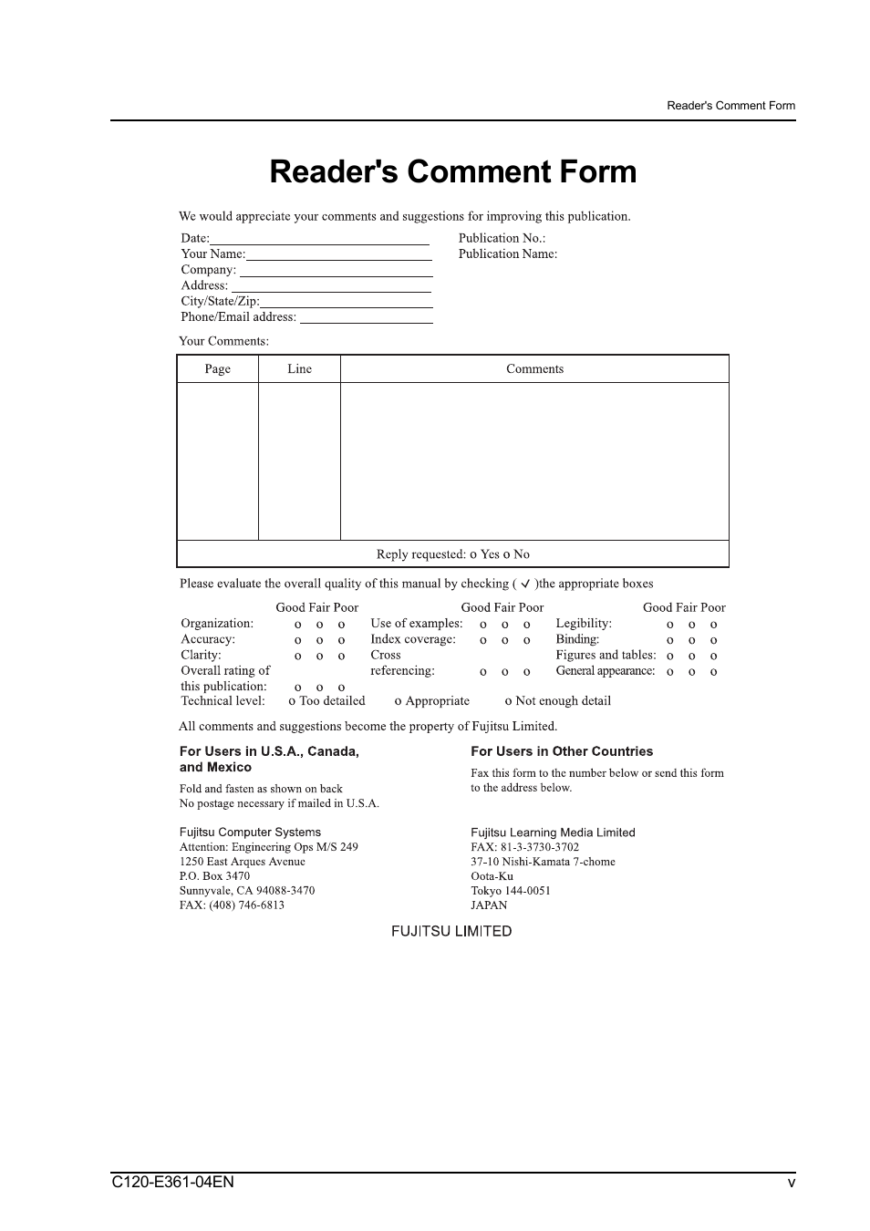 Reader's comment form | FUJITSU C120-E361-04EN User Manual | Page 11 / 36