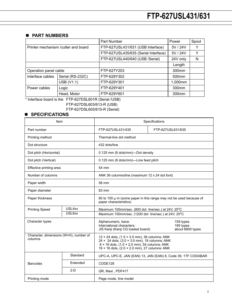 Part numbers, Specifications | FUJITSU FTP-627USL431 User Manual | Page 2 / 10