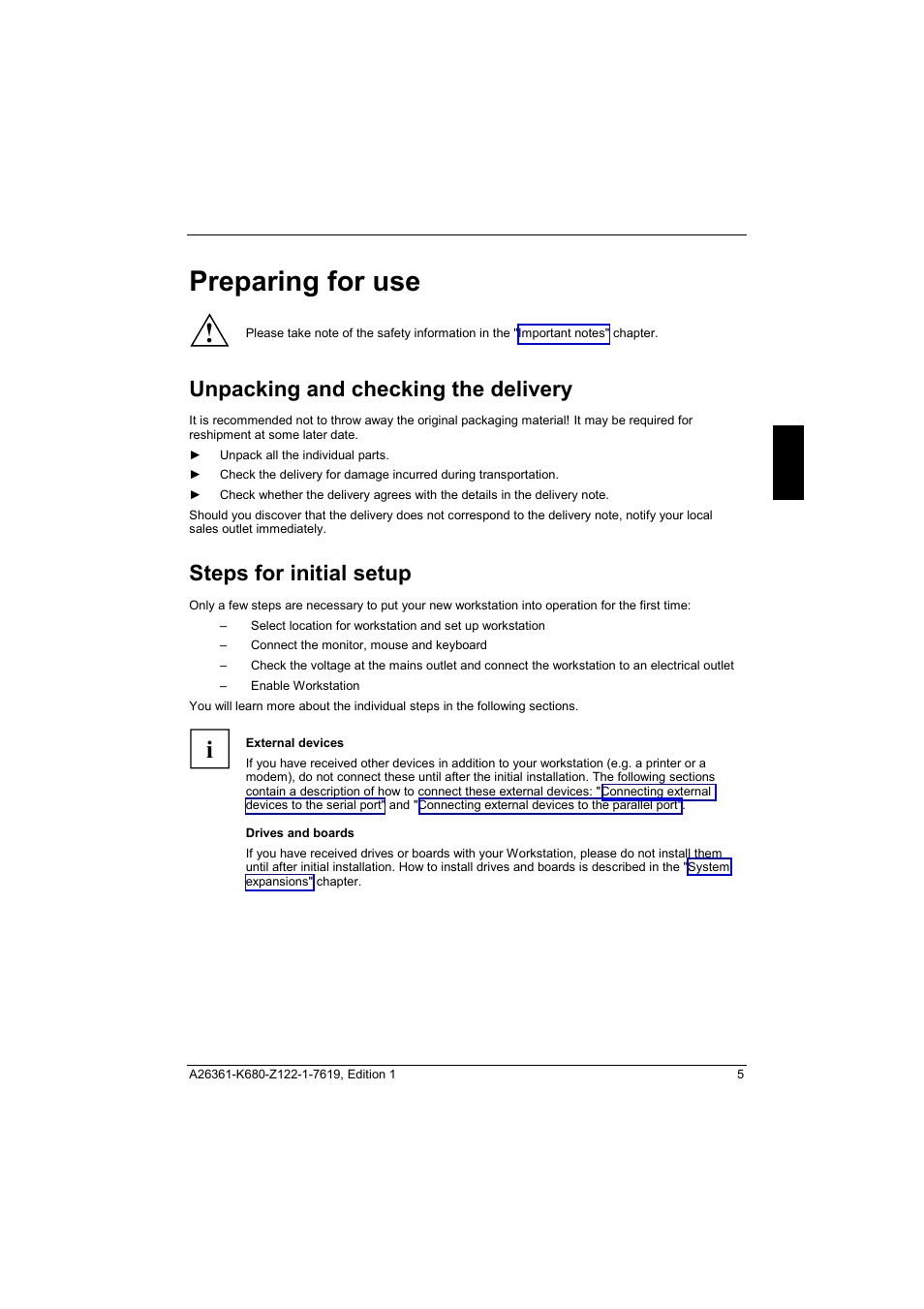 Preparing for use, Unpacking and checking the delivery, Steps for initial setup | Preparing for use" c | FUJITSU V810 User Manual | Page 13 / 76