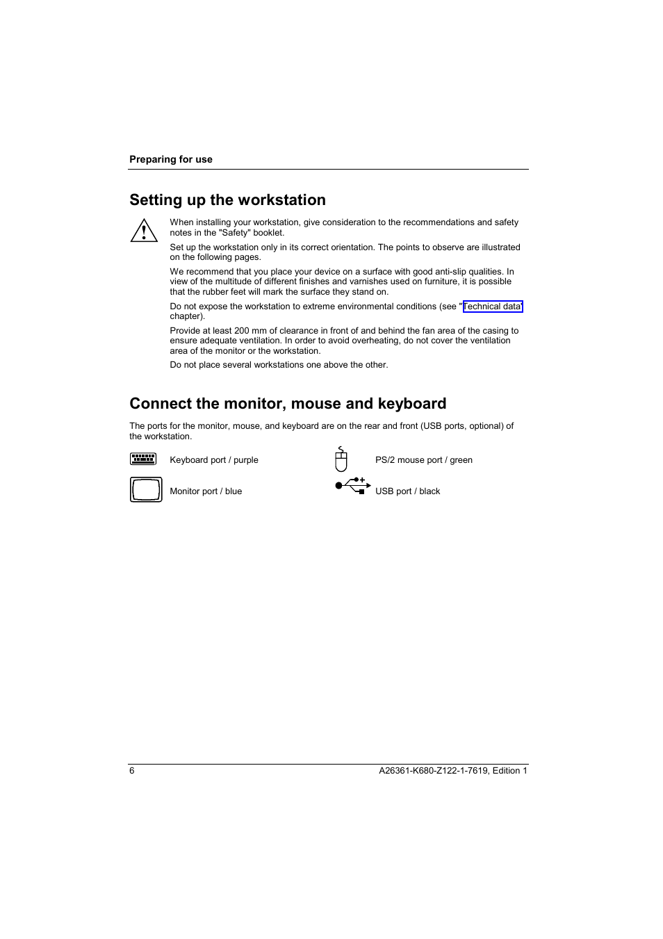 Setting up the workstation, Connect the monitor, mouse and keyboard | FUJITSU V810 User Manual | Page 14 / 76