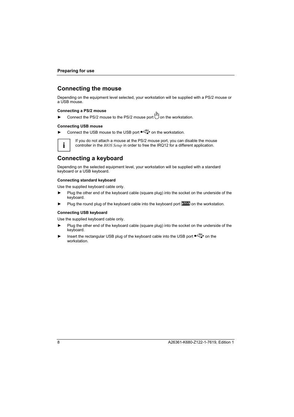 Connecting the mouse, Connecting a keyboard | FUJITSU V810 User Manual | Page 16 / 76