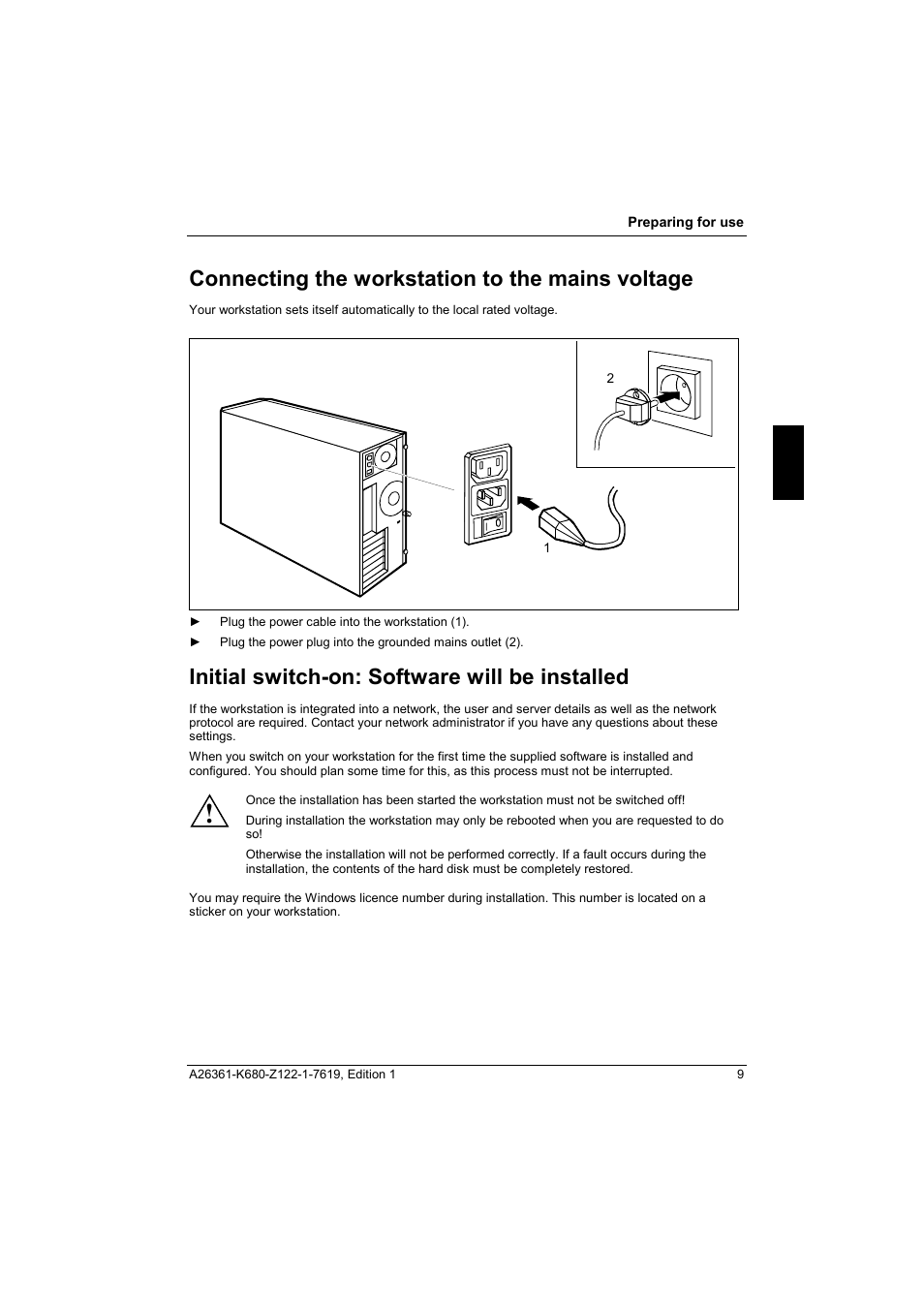 Connecting the workstation to the mains voltage, Initial switch-on: software will be installed | FUJITSU V810 User Manual | Page 17 / 76