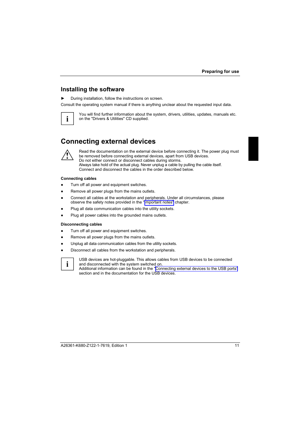 Installing the software, Connecting external devices | FUJITSU V810 User Manual | Page 19 / 76