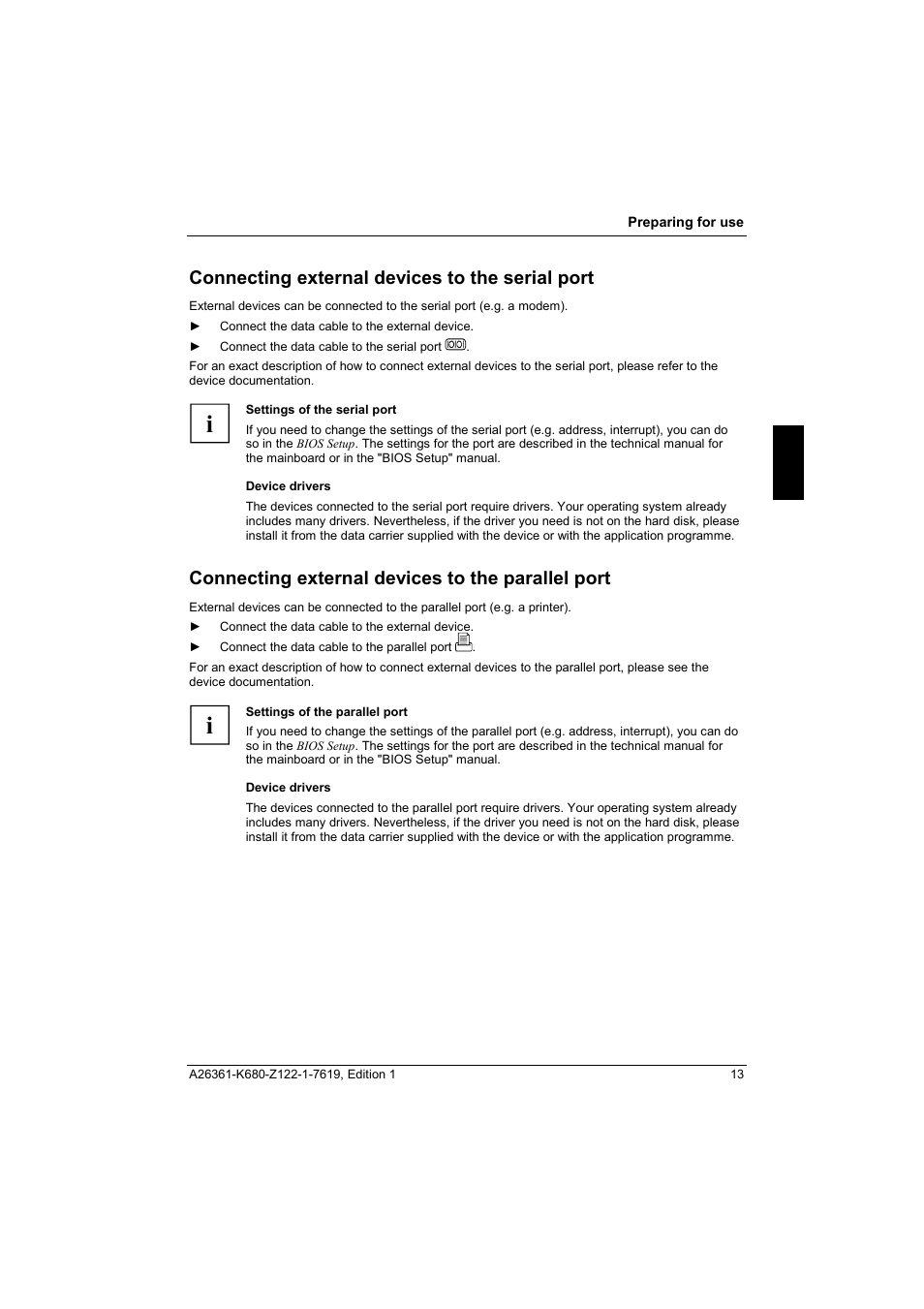 Connecting external devices to the serial port, Connecting external devices to the parallel port | FUJITSU V810 User Manual | Page 21 / 76