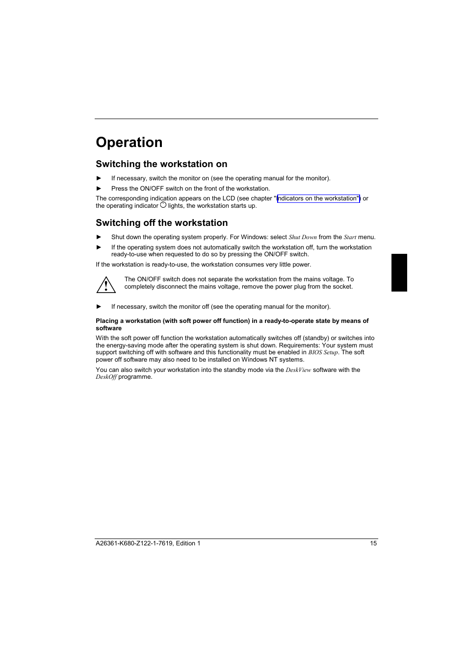 Operation, Switching the workstation on, Switching off the workstation | FUJITSU V810 User Manual | Page 23 / 76