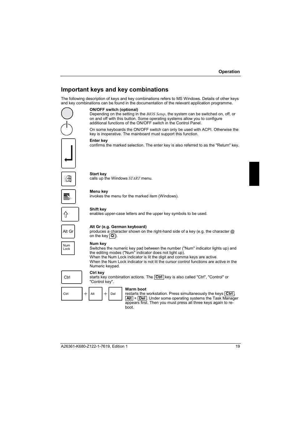 Important keys and key combinations | FUJITSU V810 User Manual | Page 27 / 76