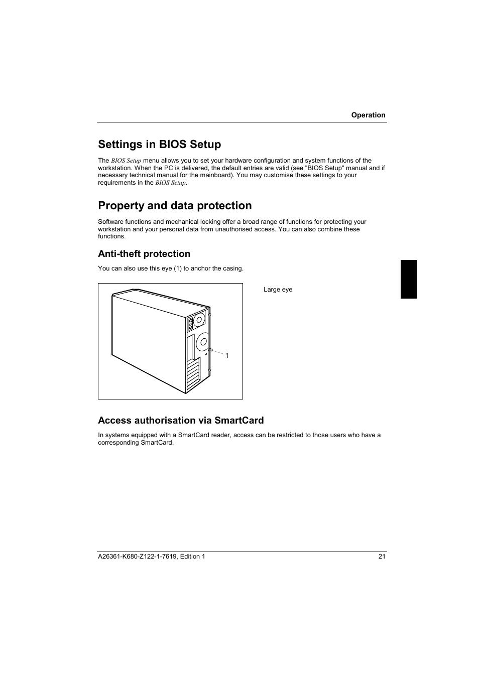 Settings in bios setup, Property and data protection, Anti-theft protection | Access authorisation via smartcard | FUJITSU V810 User Manual | Page 29 / 76