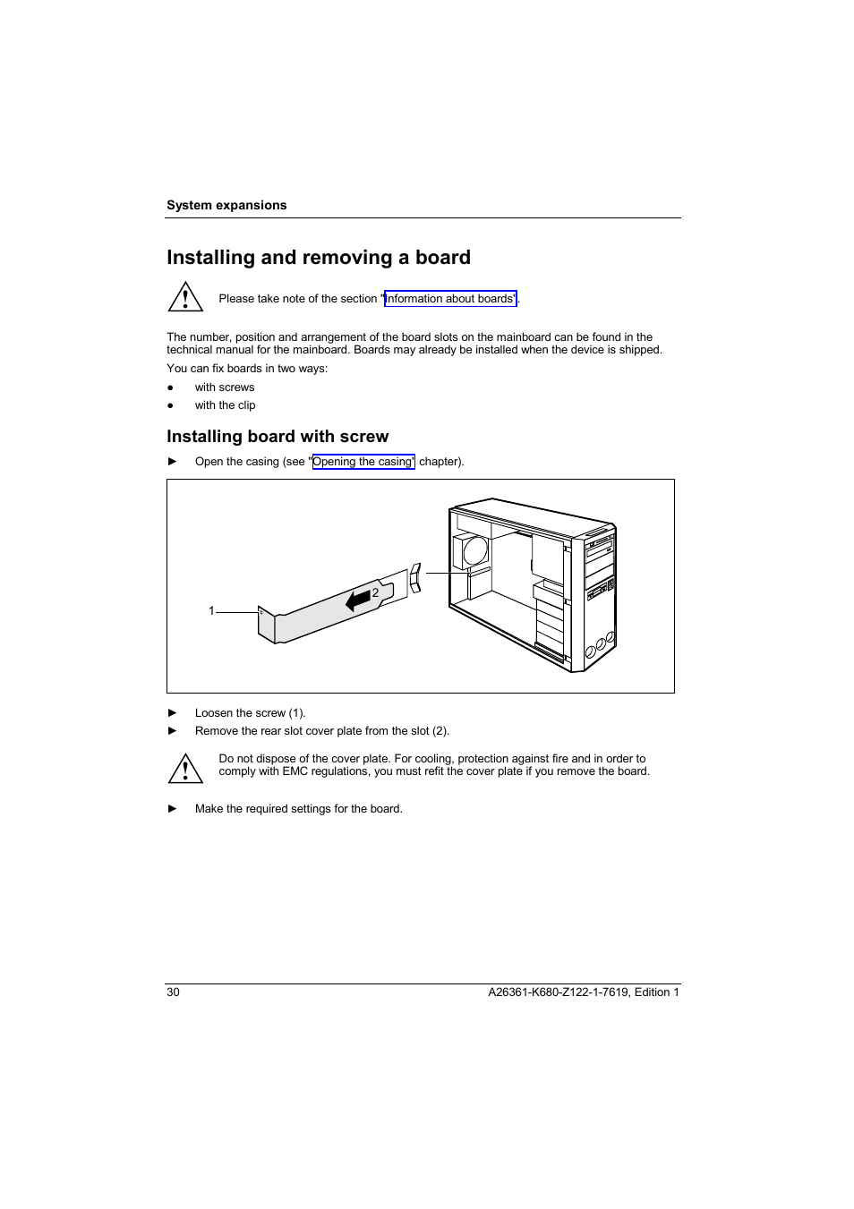 Installing and removing a board, Installing board with screw | FUJITSU V810 User Manual | Page 38 / 76