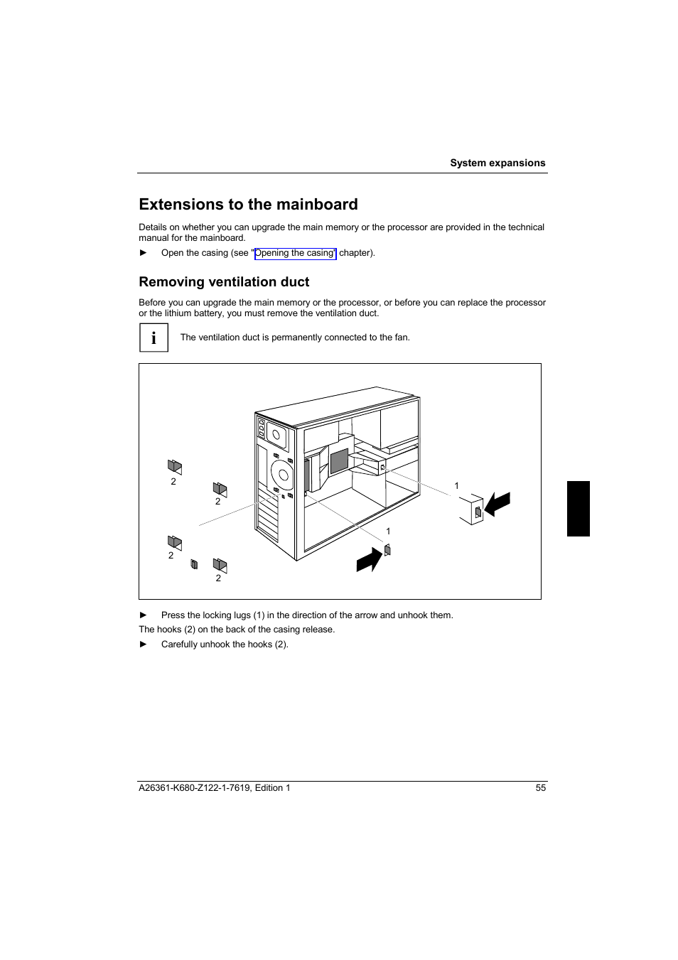 Extensions to the mainboard, Removing ventilation duct | FUJITSU V810 User Manual | Page 63 / 76