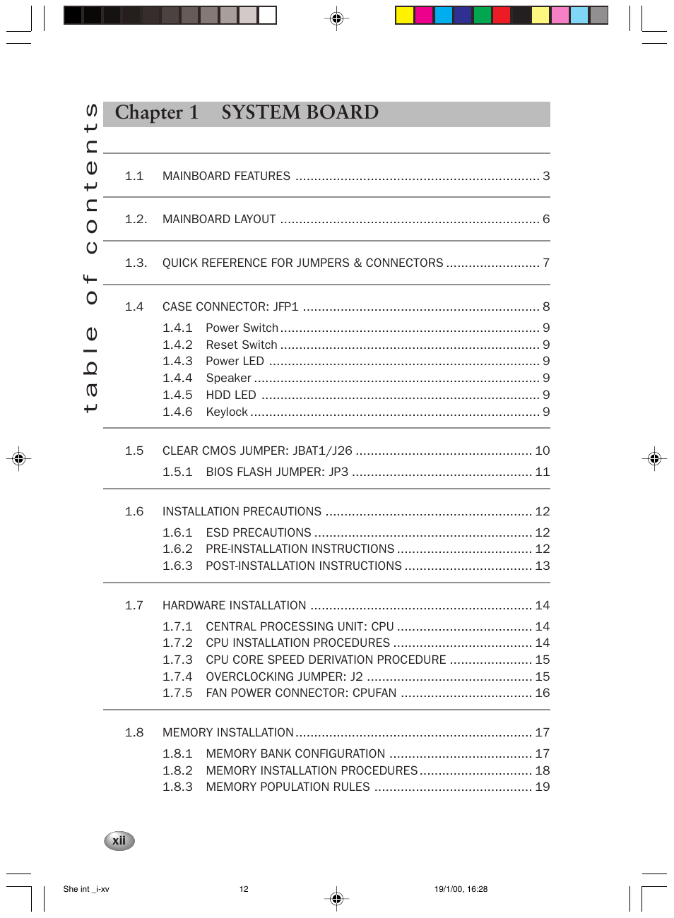 Table of contents chapter 1 system board | FUJITSU 2000 User Manual | Page 12 / 66
