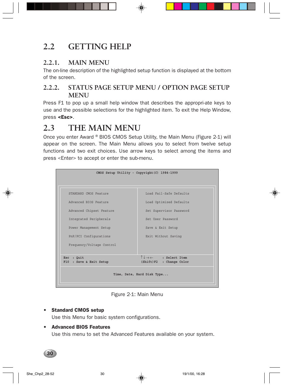 2 getting help, 3 the main menu, Main menu | Status page setup menu / option page setup menu | FUJITSU 2000 User Manual | Page 44 / 66