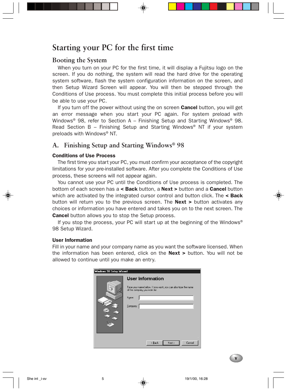 Starting your pc for the first time, Booting the system, A. finishing setup and starting windows | FUJITSU 2000 User Manual | Page 5 / 66