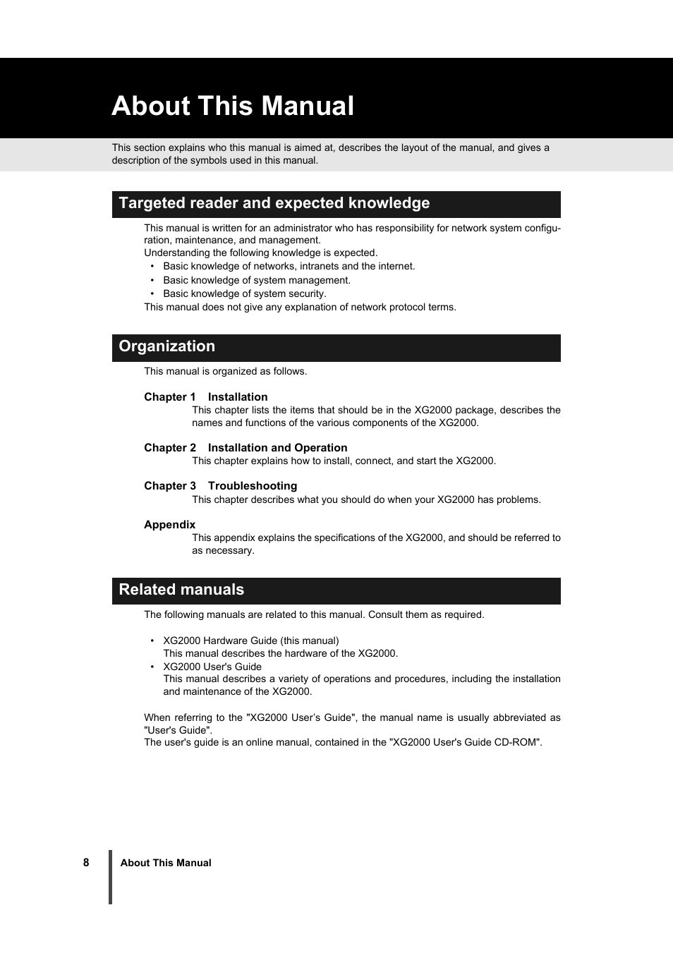 About this manual, Targeted reader and expected knowledge, Organization | Related manuals | FUJITSU XG2000 User Manual | Page 10 / 45