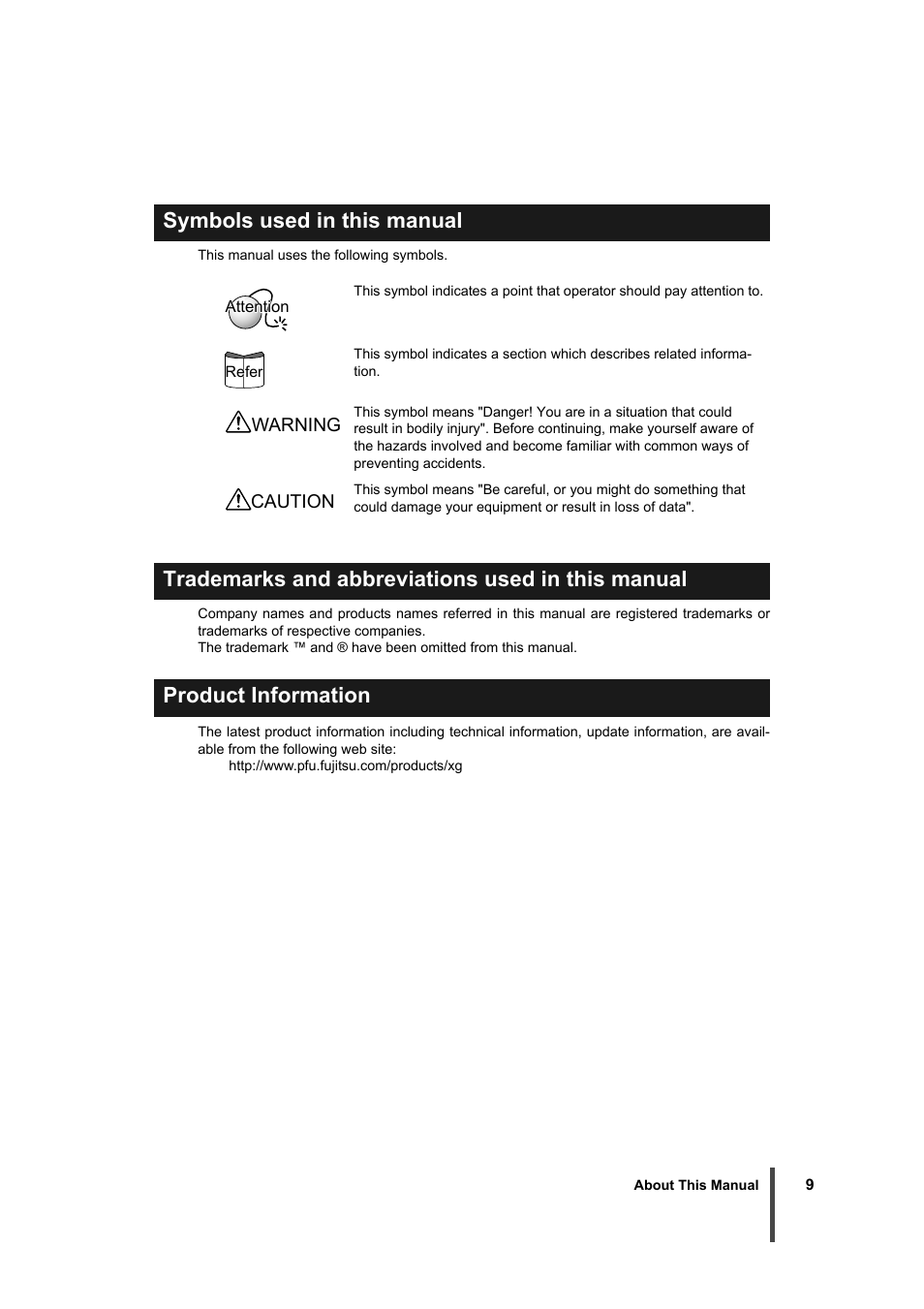 Symbols used in this manual, Trademarks and abbreviations used in this manual, Product information | FUJITSU XG2000 User Manual | Page 11 / 45