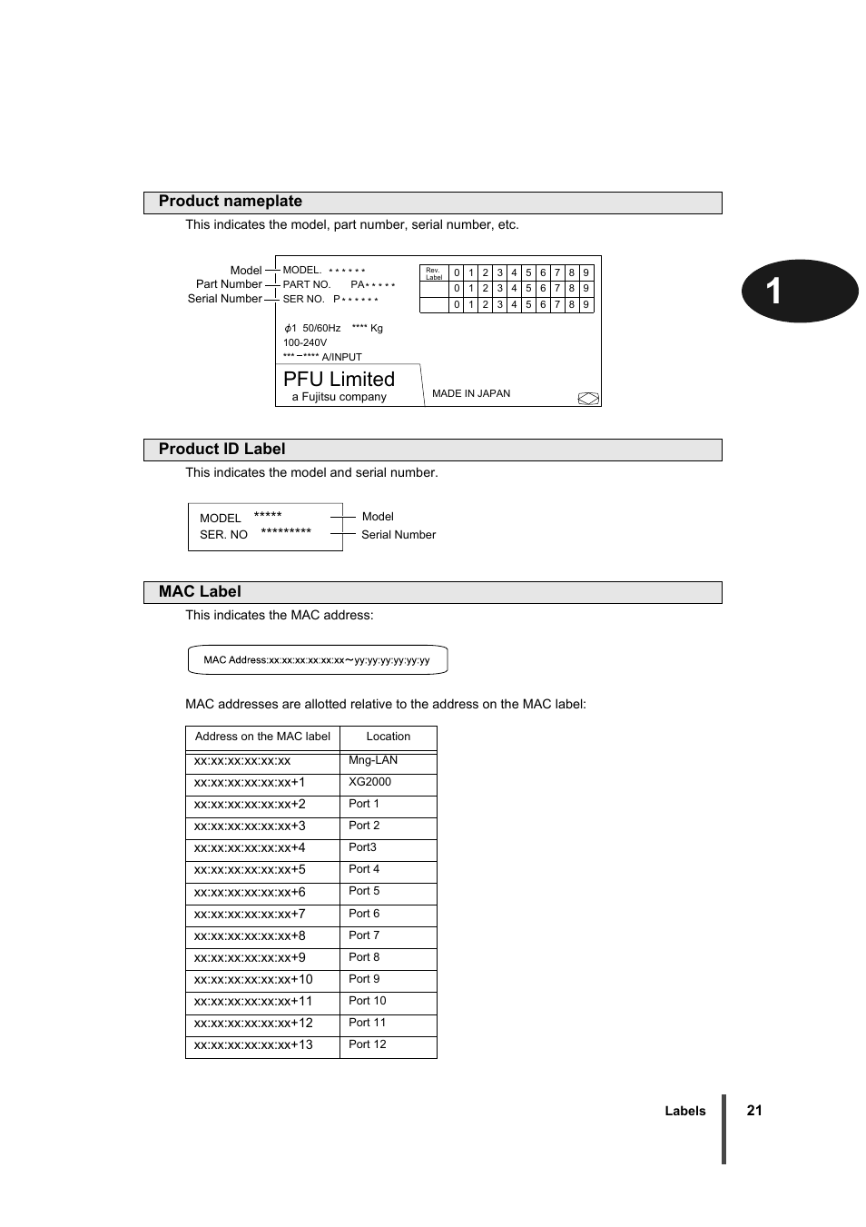 Pfu limited, Product nameplate, Product id label | Mac label | FUJITSU XG2000 User Manual | Page 23 / 45