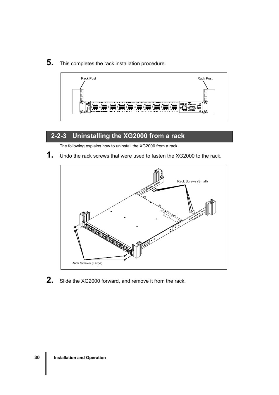 2-3 uninstalling the xg2000 from a rack, P.30), Uninstalling the xg2000 from a rack | FUJITSU XG2000 User Manual | Page 32 / 45