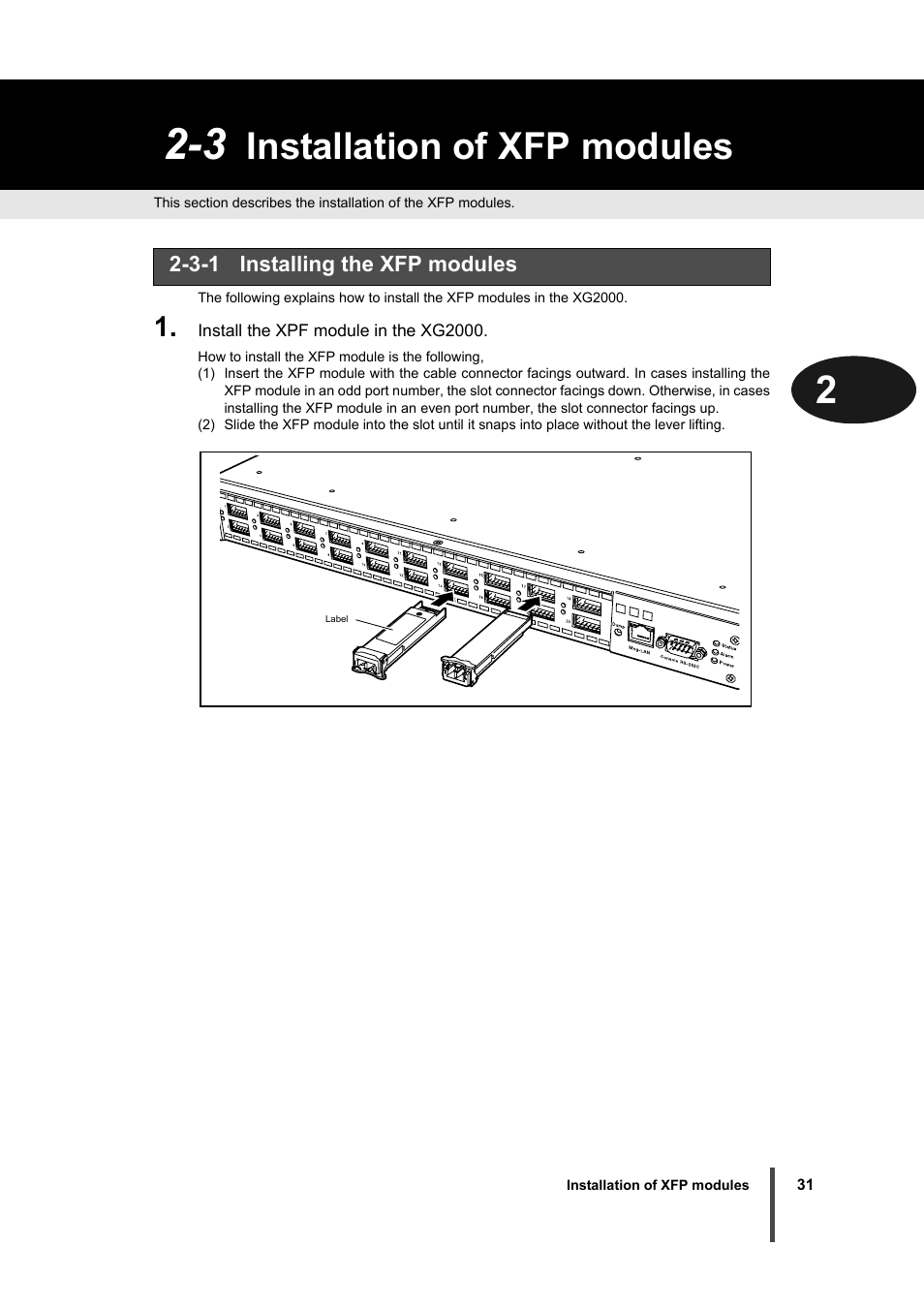 3 installation of xfp modules, 3-1 installing the xfp modules, Installation of xfp modules | Installing the xfp modules | FUJITSU XG2000 User Manual | Page 33 / 45