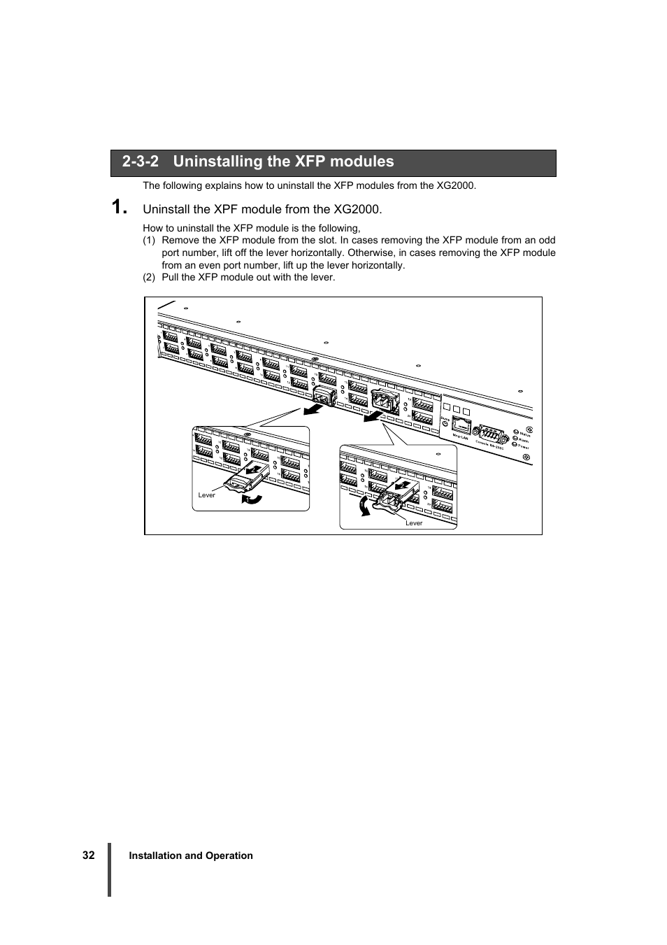 3-2 uninstalling the xfp modules, Uninstalling the xfp modules | FUJITSU XG2000 User Manual | Page 34 / 45