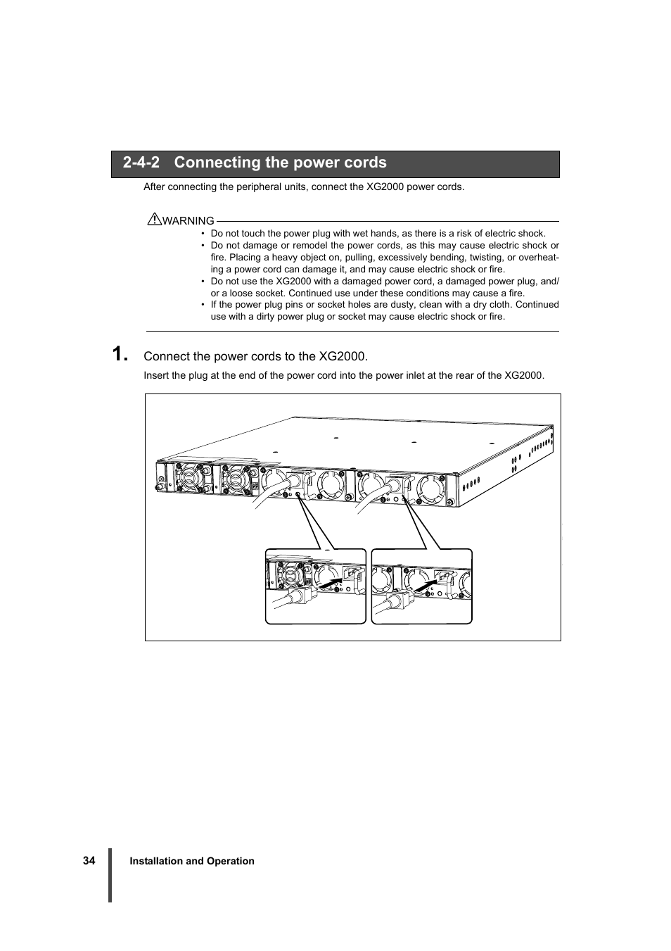 4-2 connecting the power cords, P.34), Shock.(p.34) | Connecting the power cords | FUJITSU XG2000 User Manual | Page 36 / 45