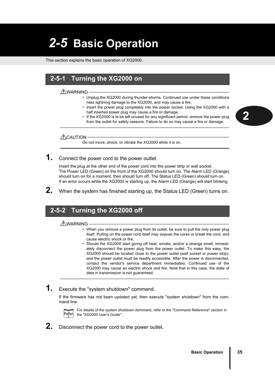 5 basic operation, 5-1 turning the xg2000 on, 5-2 turning the xg2000 off | P.35), Re.(p.35), Mage.(p.35), Basic operation, Turning the xg2000 on, Turning the xg2000 off | FUJITSU XG2000 User Manual | Page 37 / 45