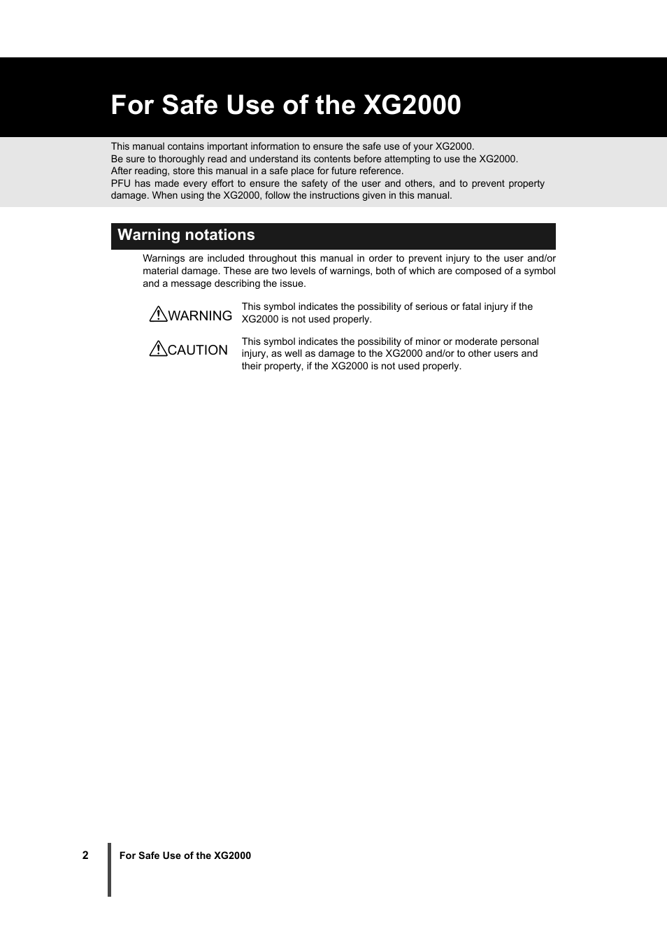 For safe use of the xg2000, Warning notations | FUJITSU XG2000 User Manual | Page 4 / 45