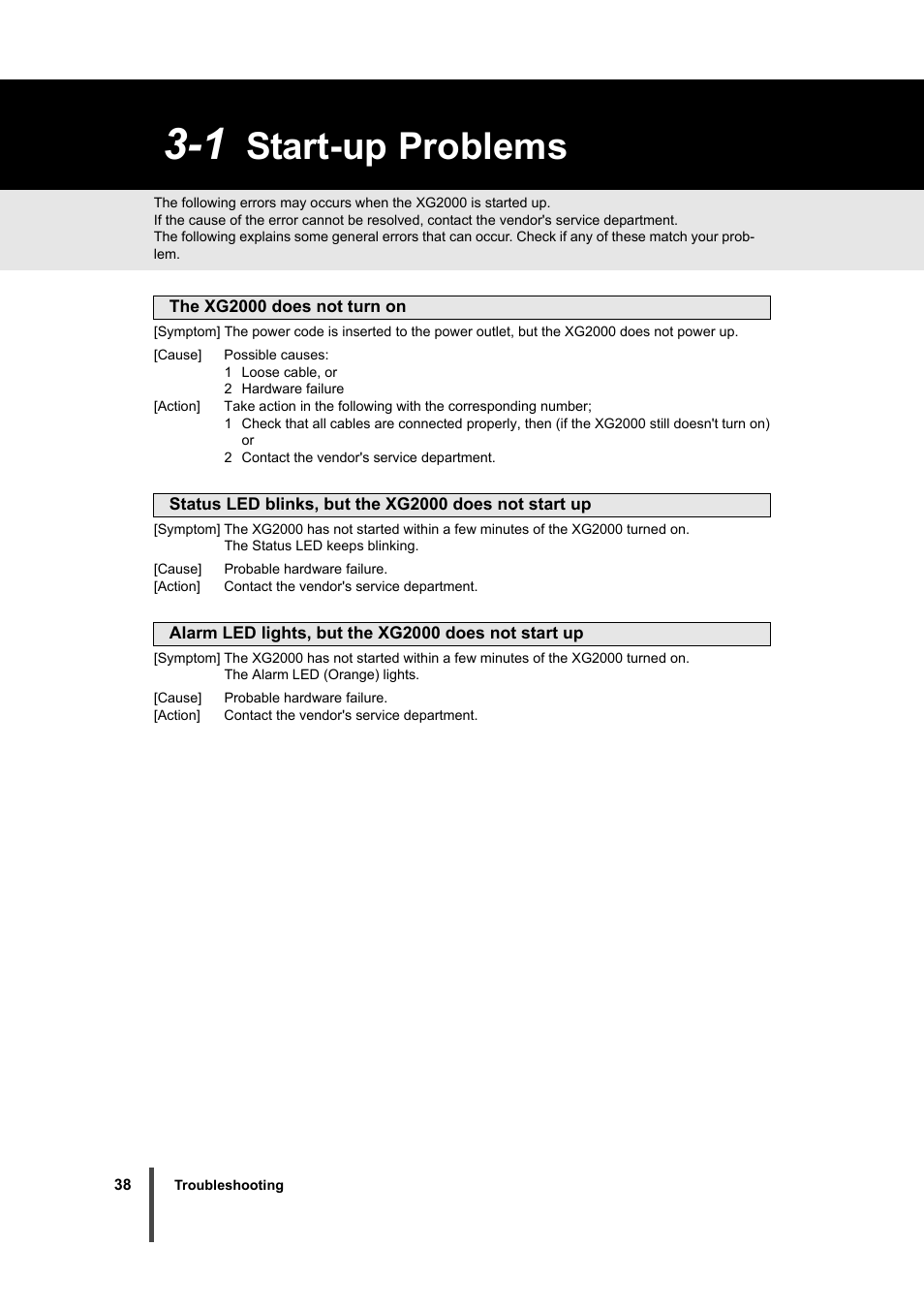 1 start-up problems, Start-up problems | FUJITSU XG2000 User Manual | Page 40 / 45