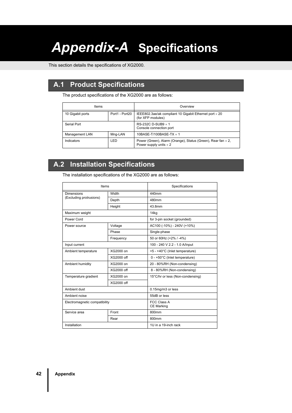 Appendix-a specifications, A.1 product specifications, A.2 installation specifications | Product specifications, Installation specifications, Appendix-a, Specifications | FUJITSU XG2000 User Manual | Page 44 / 45