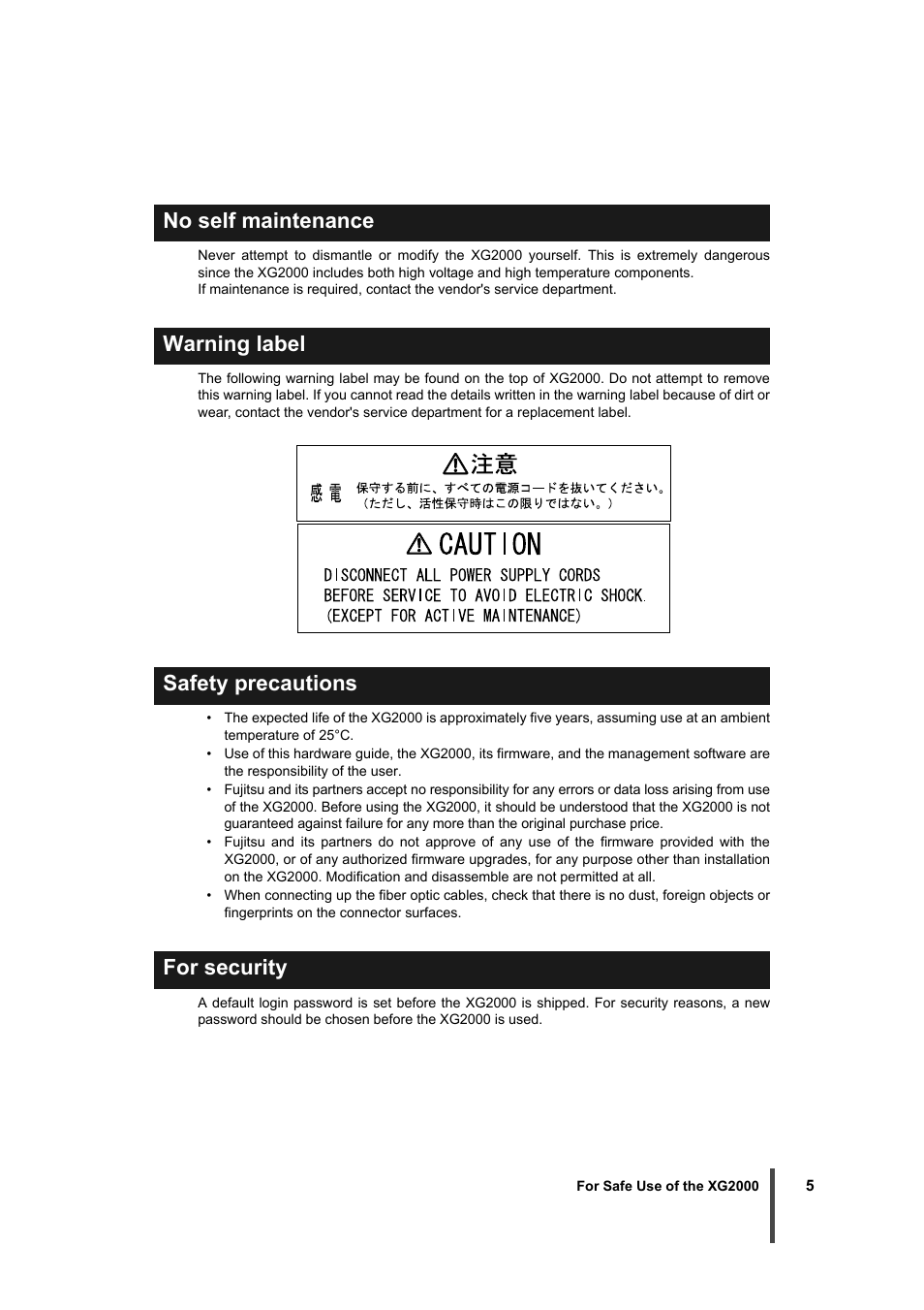 No self maintenance, Warning label, Safety precautions | For security | FUJITSU XG2000 User Manual | Page 7 / 45