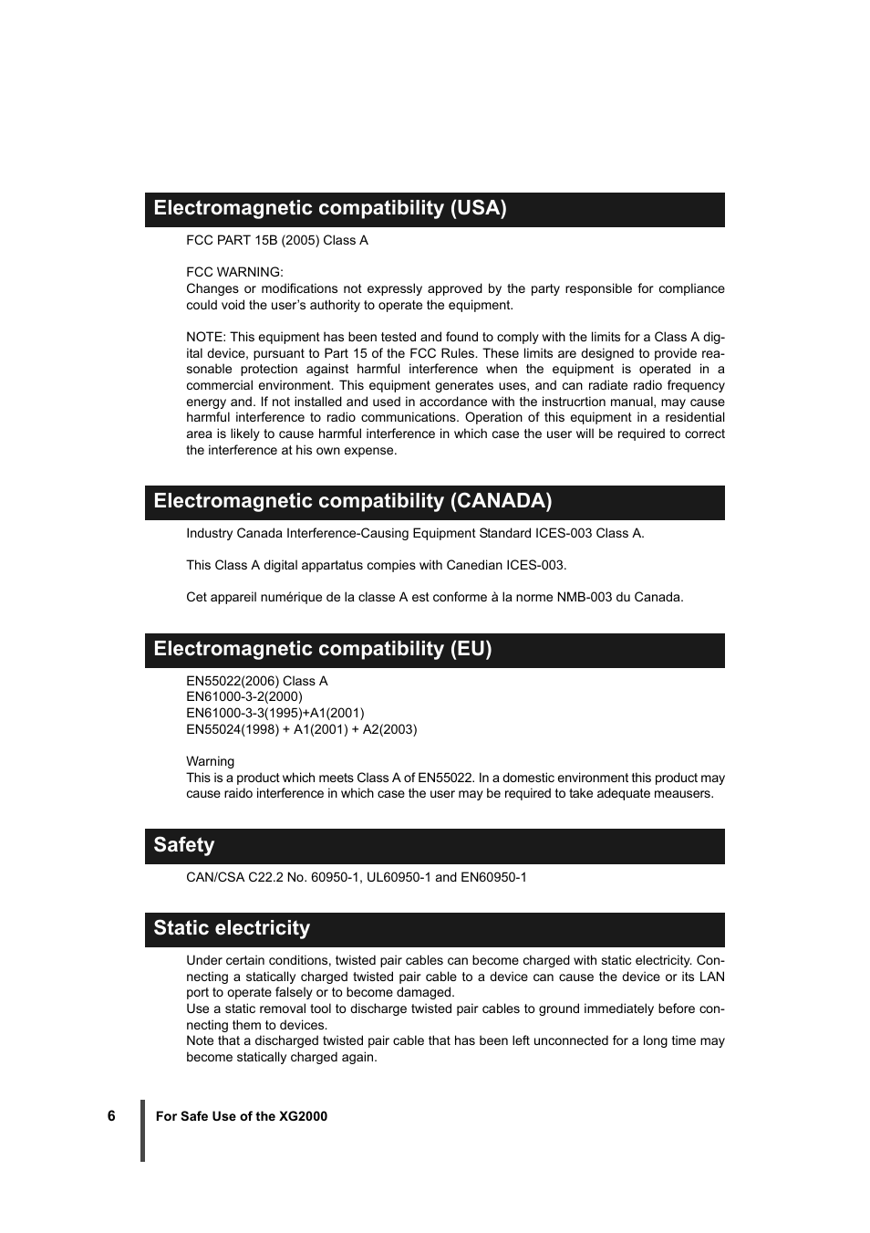 Electromagnetic compatibility (usa), Electromagnetic compatibility (canada), Electromagnetic compatibility (eu) | Safety, Static electricity | FUJITSU XG2000 User Manual | Page 8 / 45