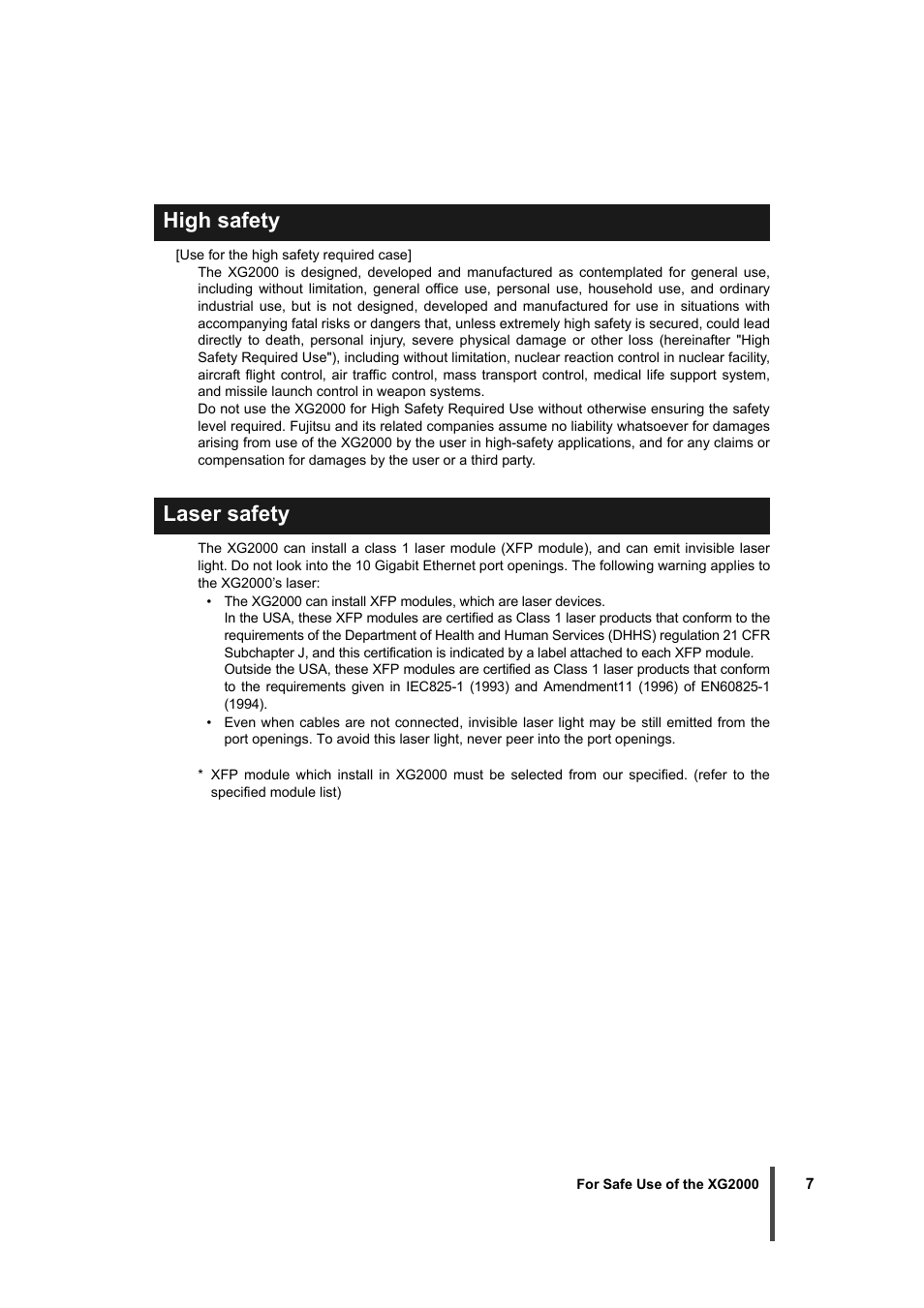 High safety, Laser safety, High safety laser safety | FUJITSU XG2000 User Manual | Page 9 / 45