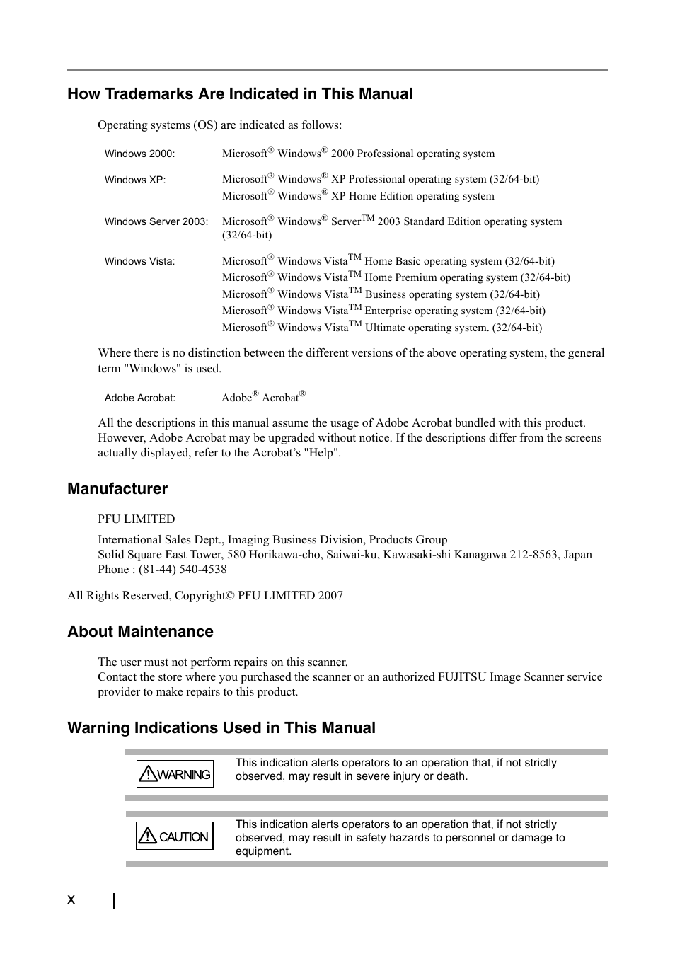 Xhow trademarks are indicated in this manual, Manufacturer, About maintenance | Warning indications used in this manual | FUJITSU IMAGE FI-5530C2 User Manual | Page 10 / 179