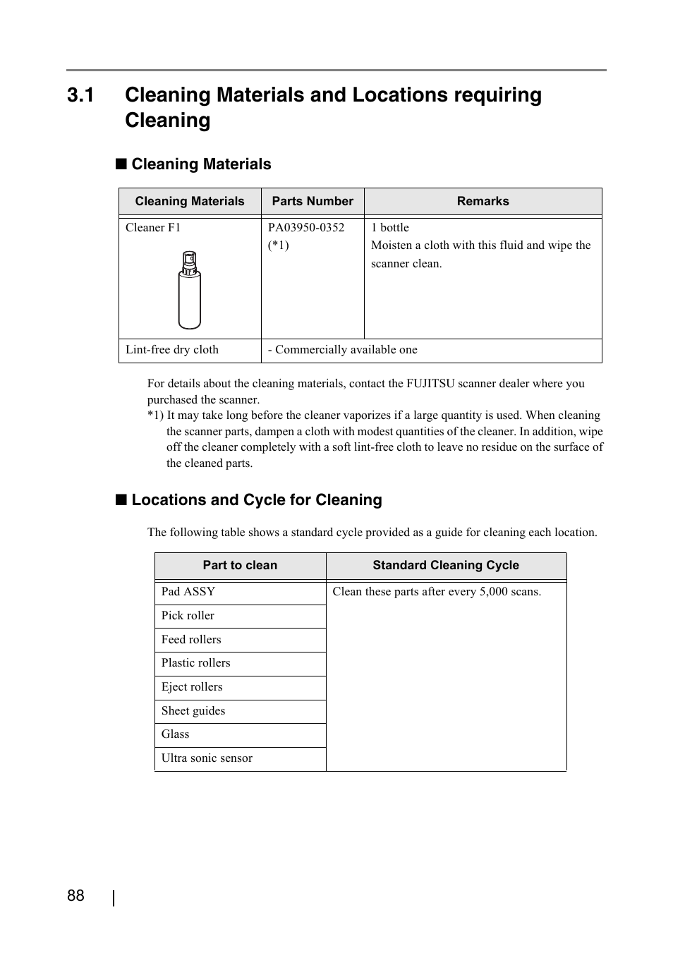 Cleaning materials, Locations and cycle for cleaning | FUJITSU IMAGE FI-5530C2 User Manual | Page 104 / 179