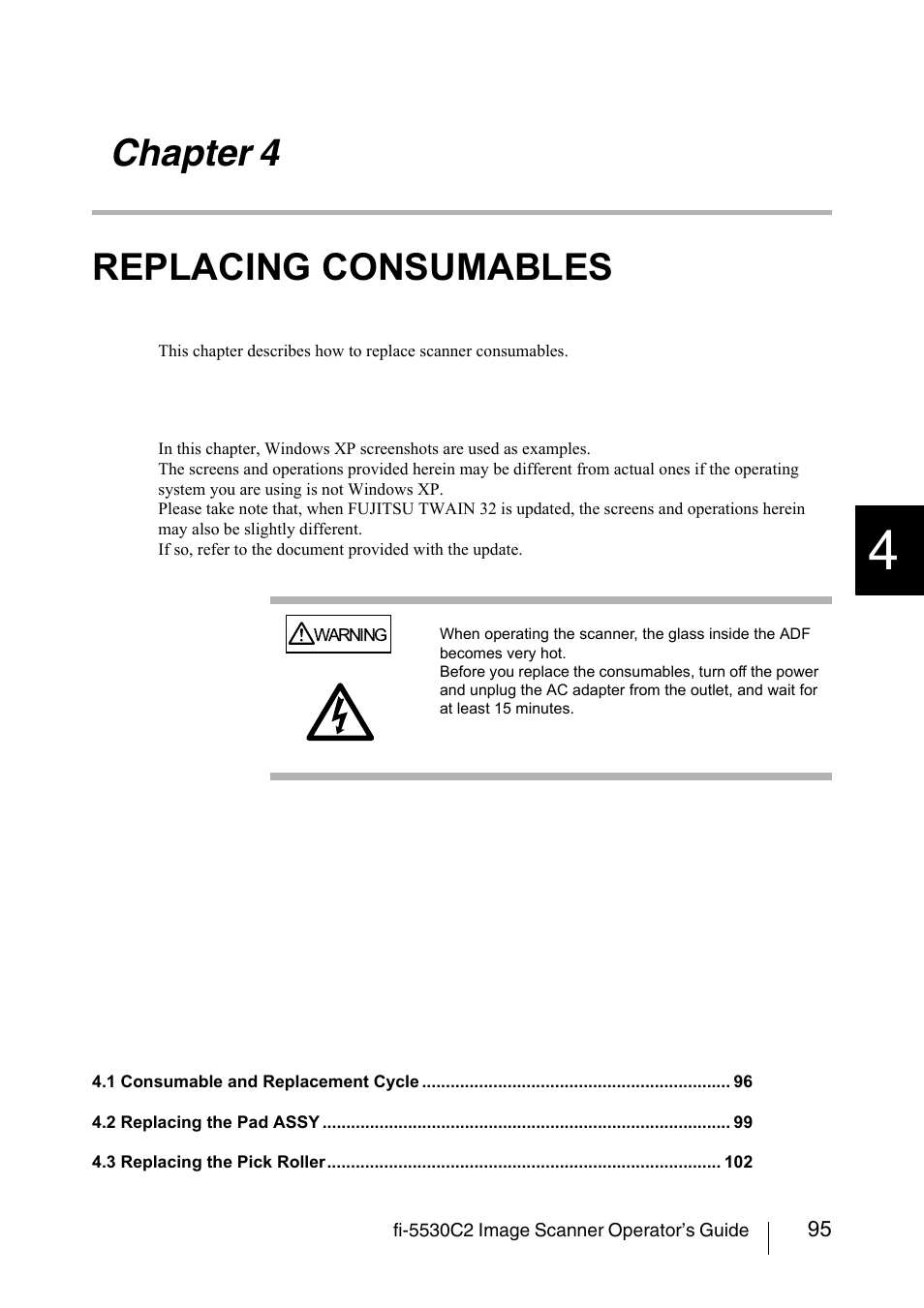 Chapter 4 replacing consumables, Chapter 4, Replacing consumables | FUJITSU IMAGE FI-5530C2 User Manual | Page 111 / 179