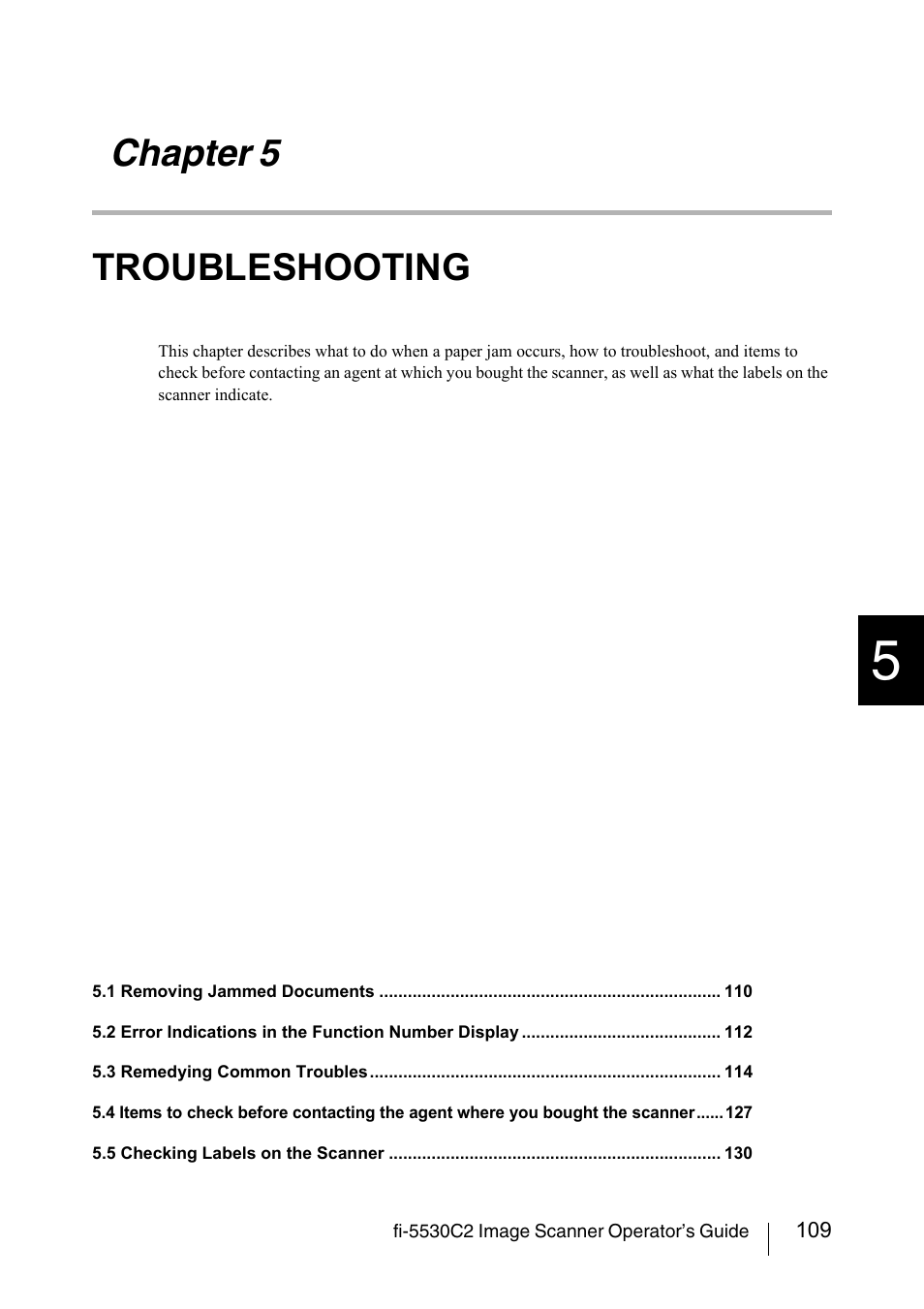 Chapter 5 troubleshooting, Chapter 5, Troubleshooting | FUJITSU IMAGE FI-5530C2 User Manual | Page 125 / 179