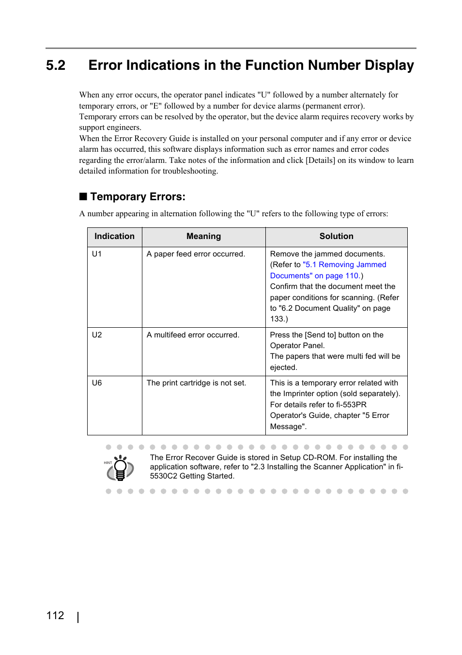 2 error indications in the function number display, Error indications in the function number display, Temporary errors | FUJITSU IMAGE FI-5530C2 User Manual | Page 128 / 179