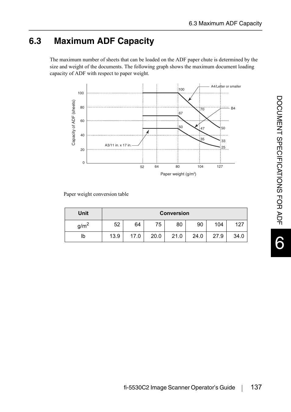3 maximum adf capacity, 137 document specifica t ions for adf | FUJITSU IMAGE FI-5530C2 User Manual | Page 153 / 179