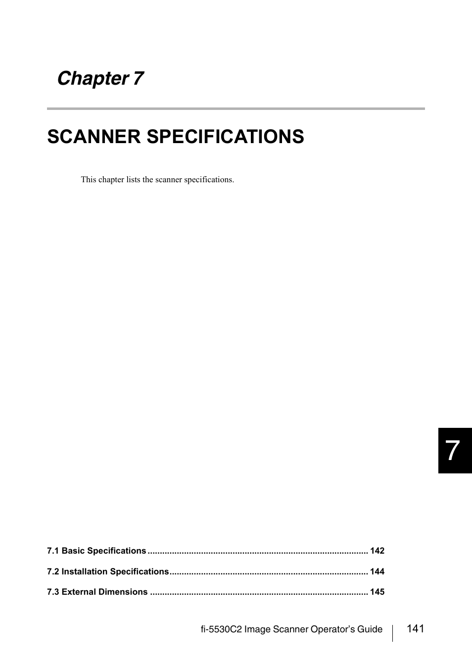 Chapter 7 scanner specifications, Chapter 7, Scanner specifications | FUJITSU IMAGE FI-5530C2 User Manual | Page 157 / 179
