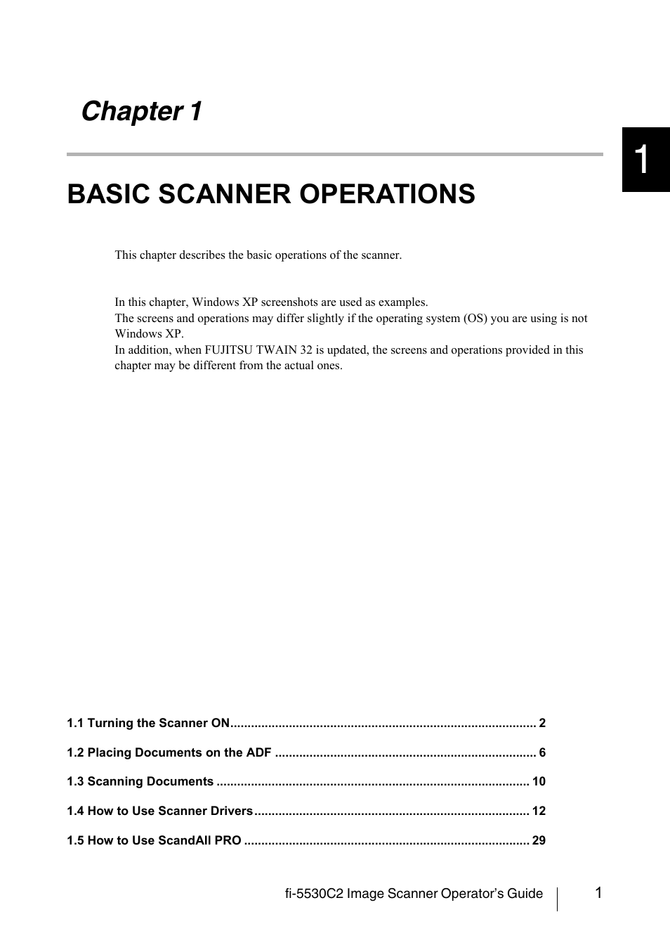 Chapter 1 basic scanner operations, Chapter 1, Basic scanner operations | FUJITSU IMAGE FI-5530C2 User Manual | Page 17 / 179