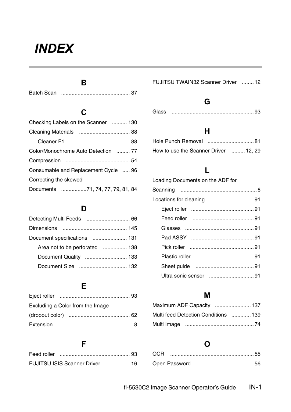 Index, In-1 | FUJITSU IMAGE FI-5530C2 User Manual | Page 177 / 179