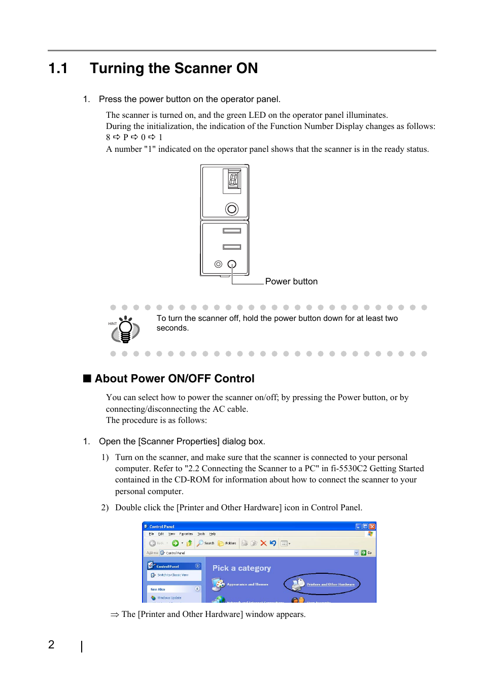 1 turning the scanner on, About power on/off control | FUJITSU IMAGE FI-5530C2 User Manual | Page 18 / 179