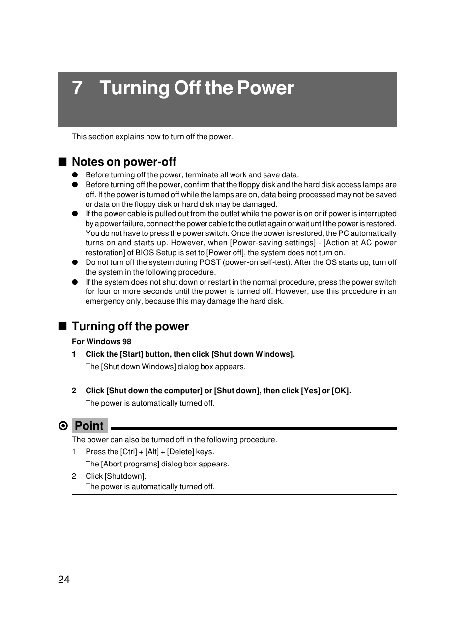 7 turning off the power, Turning off the power, Point | FUJITSU DESKPOWER 6000/SS User Manual | Page 34 / 79